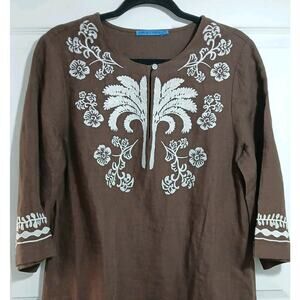 J. McLaughlin 100% Linen Brown Dress Size M Embroidery Short Sleeve Career